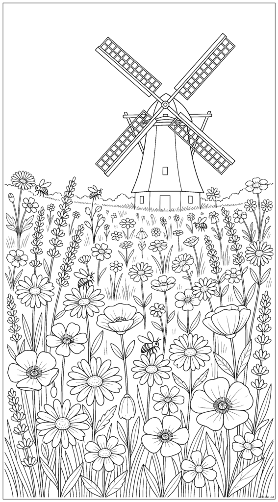 Bloeiende weide met bijen die bloemen bezoeken en een windmolen op de achtergrond