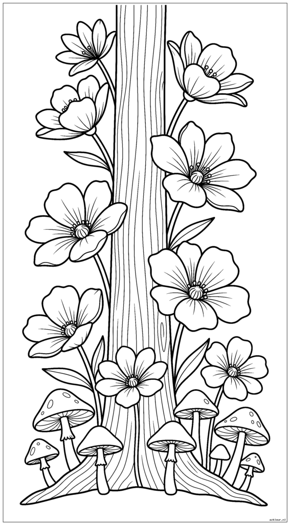 Bloemen groeien rond een boomstam met paddenstoelen aan de basis