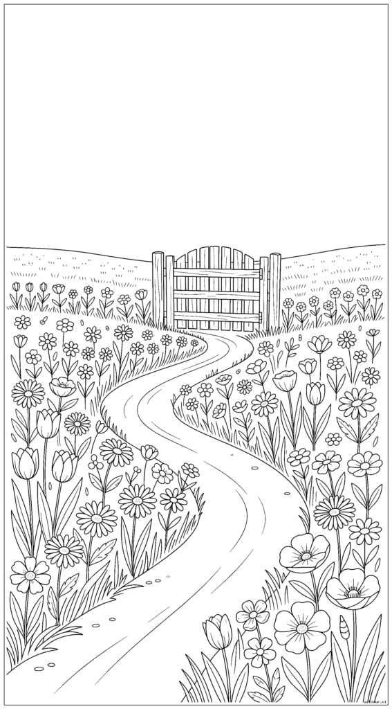 Bloemenveld met een kronkelend pad dat leidt naar een houten hekpoort