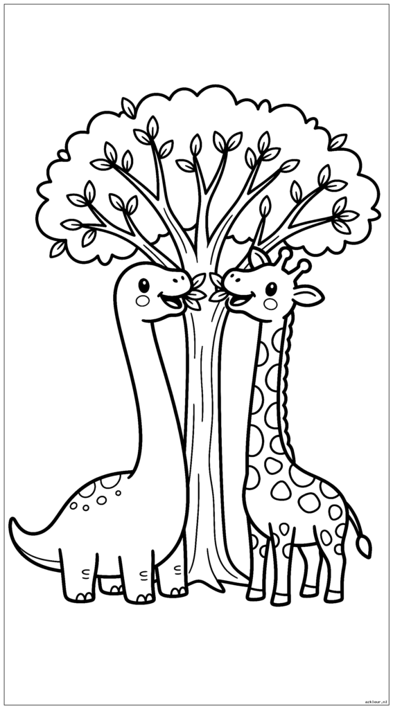 Brontosaurus en giraffe vergelijken neklengtes terwijl ze van dezelfde boom eten