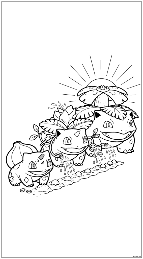 Bulbasaur plant zaden terwijl Ivysaur ze water geeft en Venusaur creëert zonneschijn met zijn bloem