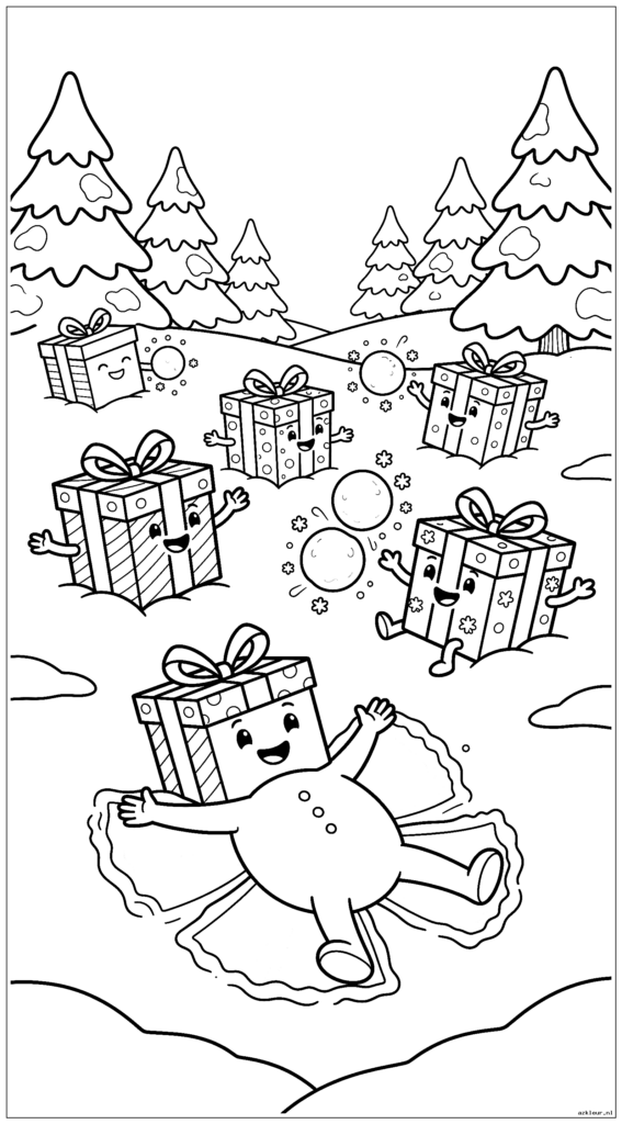 Cadeaudozen spelen in een winterwonderland, sneeuwengelen maken en sneeuwballen gooien