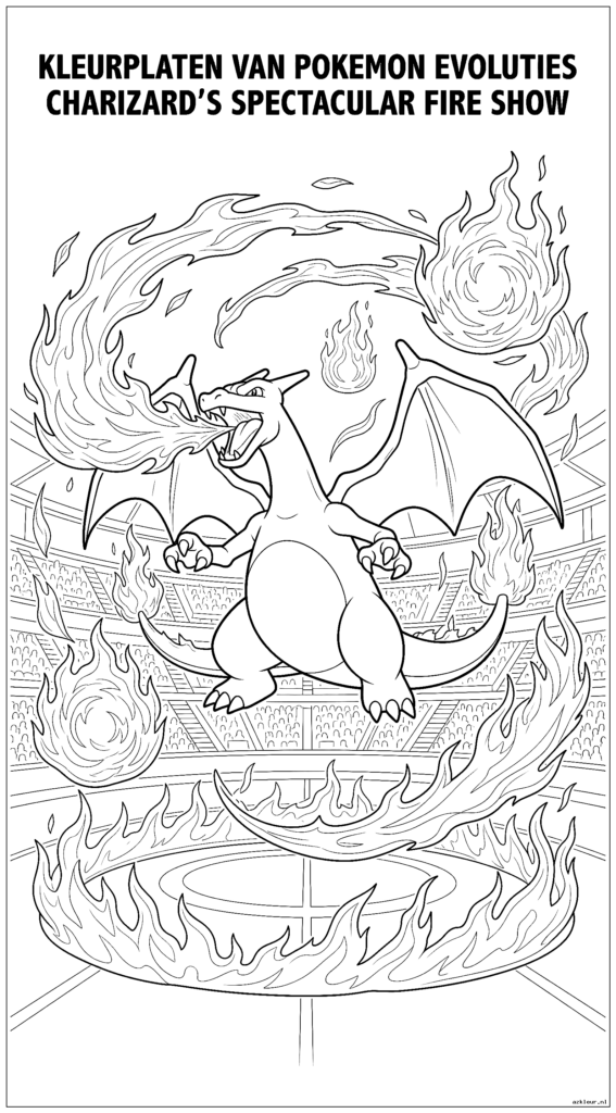 Charizard creëert een spectaculaire vuurshow in een stadion