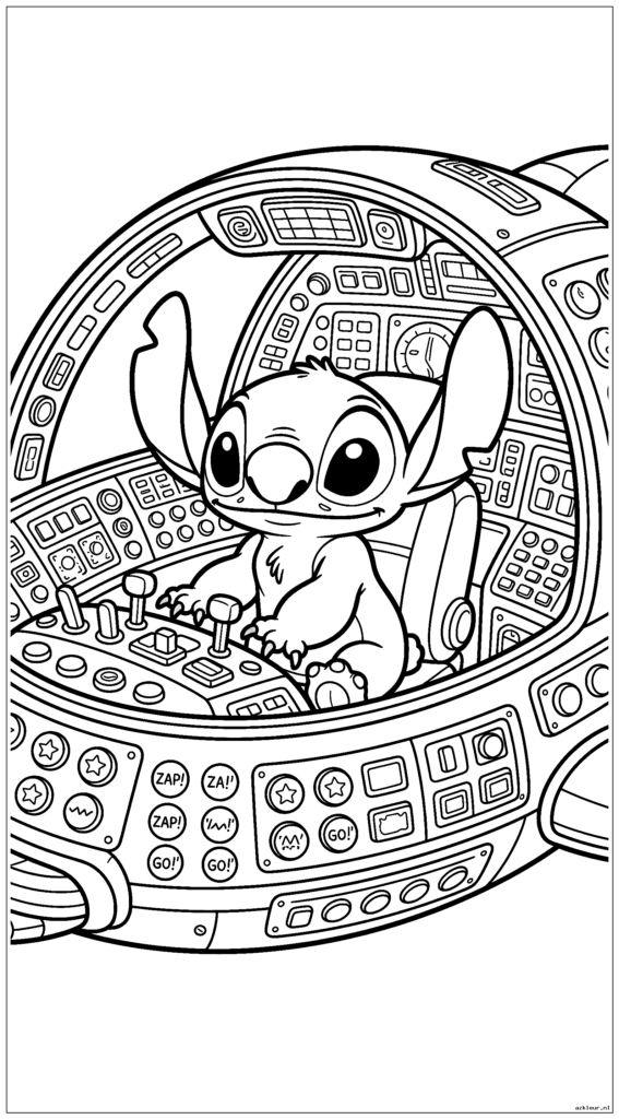 Complexe scène van Stitch in zijn ruimteschip met veel knoppen en bedieningselementen