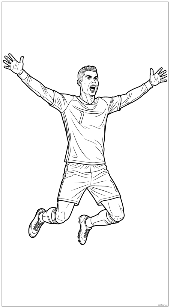 Cristiano Ronaldo voert zijn beroemde feestsprong uit met de armen wijd gespreid