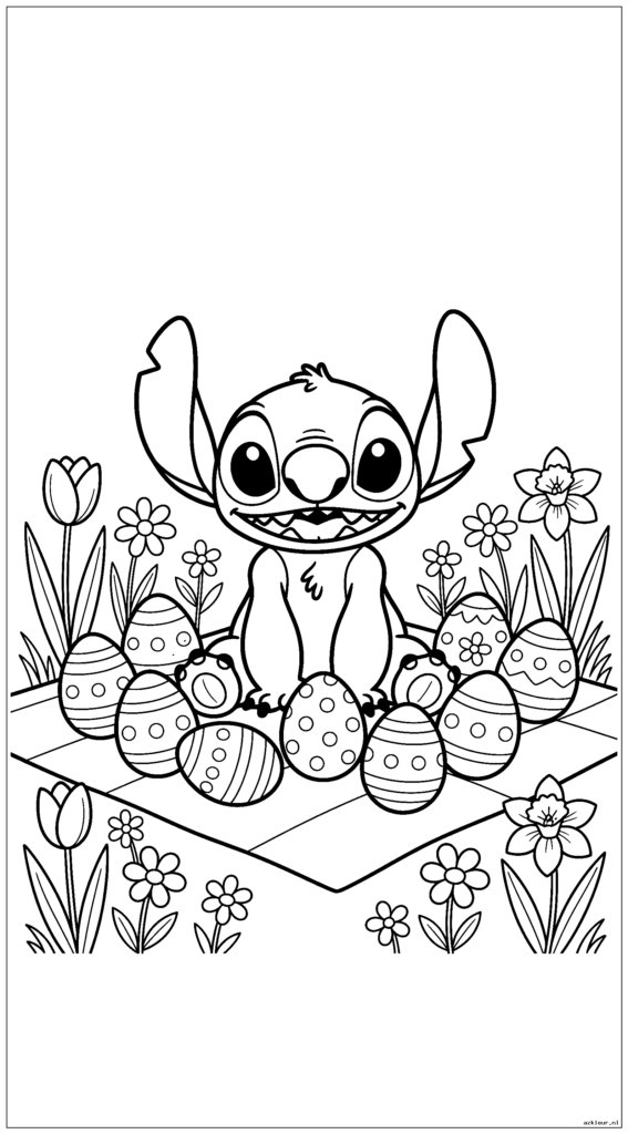 Cute Stitch heeft een paaspicknick met versierde eieren en lentebloemen eromheen
