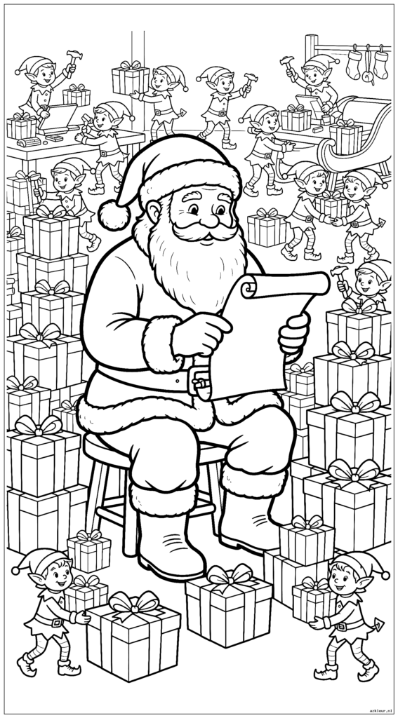 De Kerstman controleert zijn lijst twee keer terwijl hij in zijn werkplaats zit, omringd door ingepakte cadeautjes en drukke elfjes