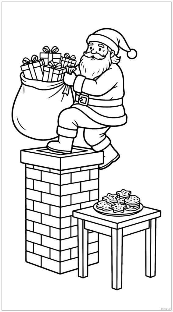 De Kerstman klimt met zijn cadeauzakje door een schoorsteen terwijl koekjes op een nabijgelegen tafel wachten