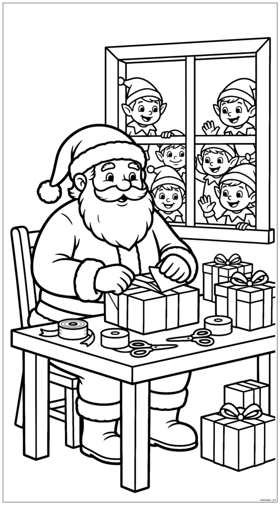 De Kerstman pakt cadeautjes uit op zijn werkbank terwijl elfjes door het raam gluren