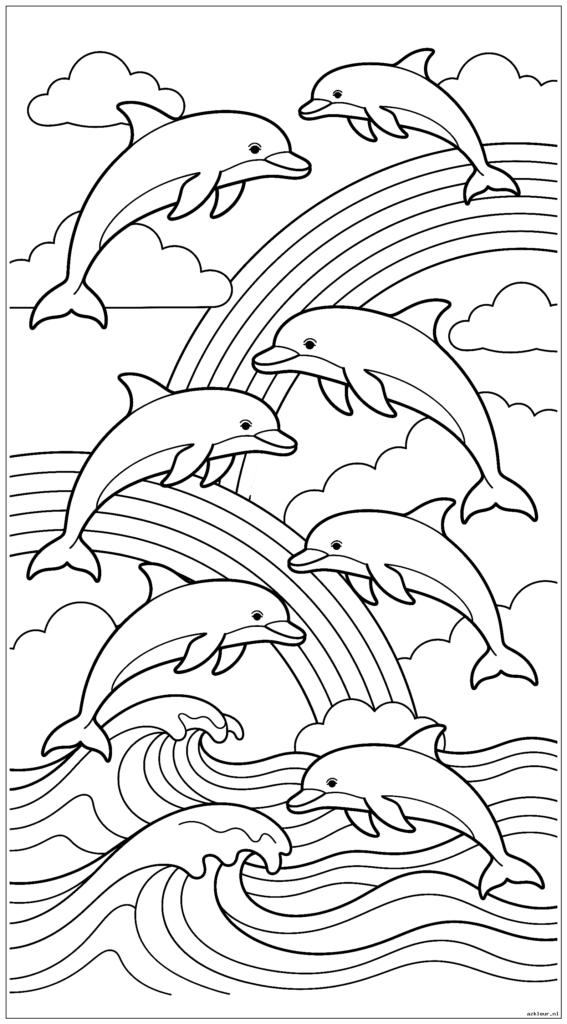 Dolfijnen springen door regenbogen over oceaangolven en wolken