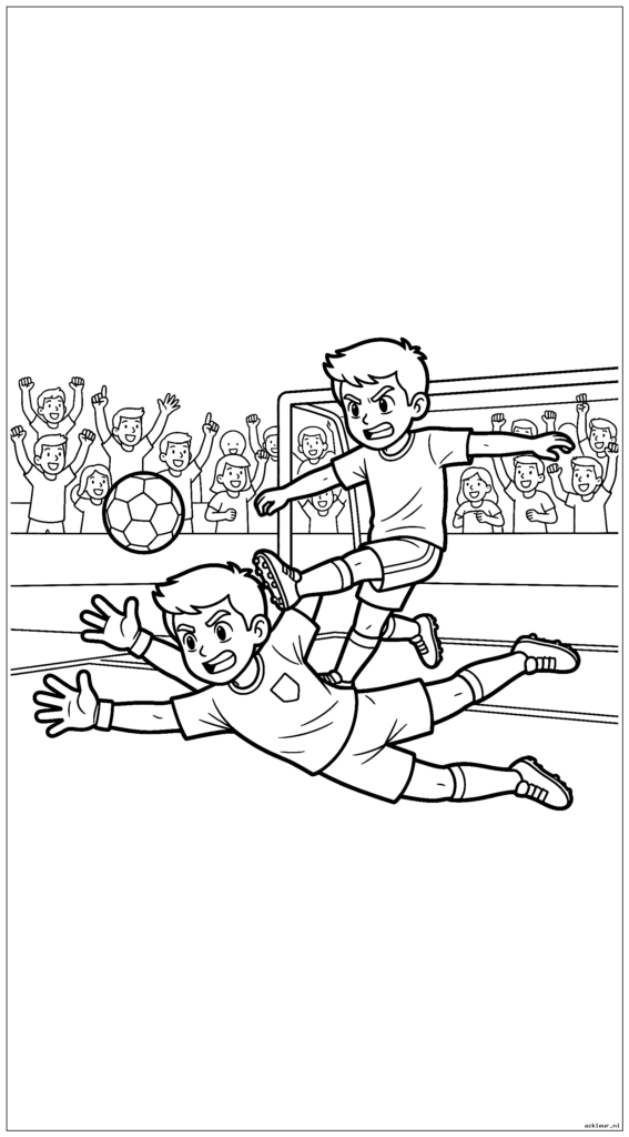 Dramatisch strafschopmoment met keeperduiken en publiek kijken