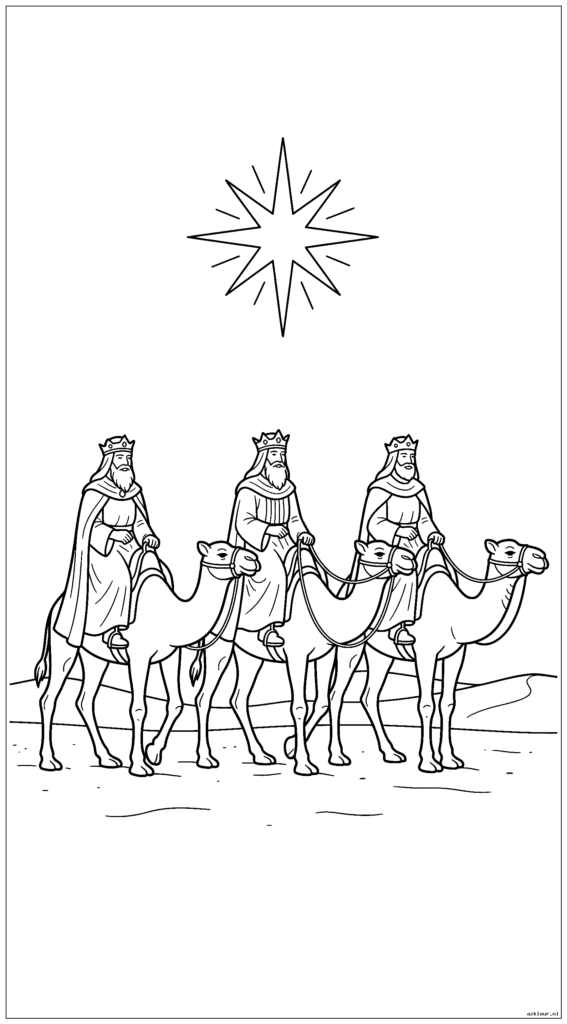 Drie wijze mannen volgen de ster op hun kamelen door de woestijn
