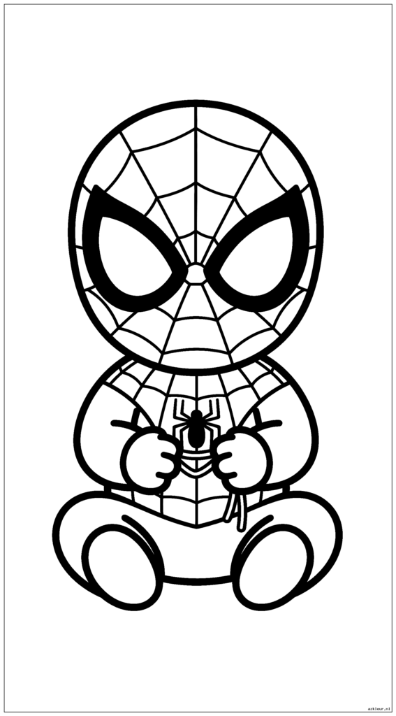 Een baby-Spider-Man zittend op de grond met een schattig mollig lichaam en extra grote maskerogen
