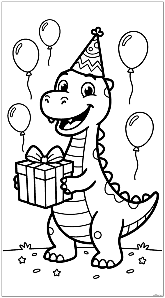 Een cartoondinosaurus die een feesthoed draagt ​​en een geschenkdoos vasthoudt