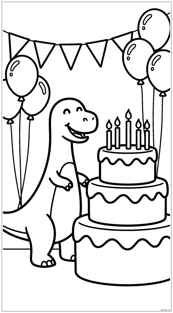 Een dinosaurus die naast een grote verjaardagstaart met kaarsjes staat