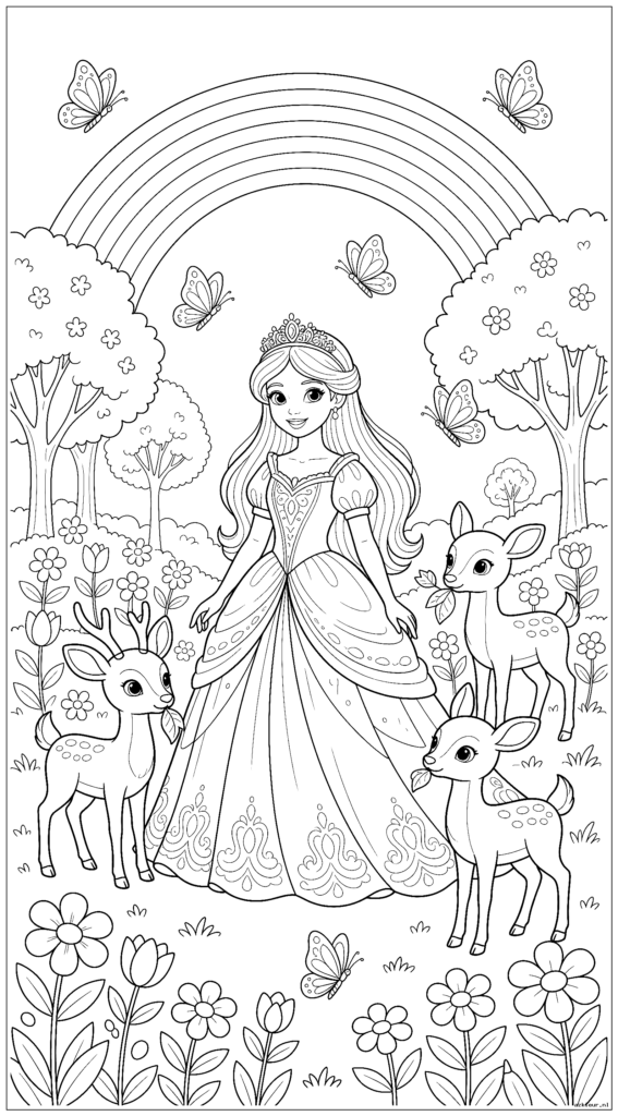 Een dromerig verticaal tafereel met een prinses in een tuin onder een regenboog