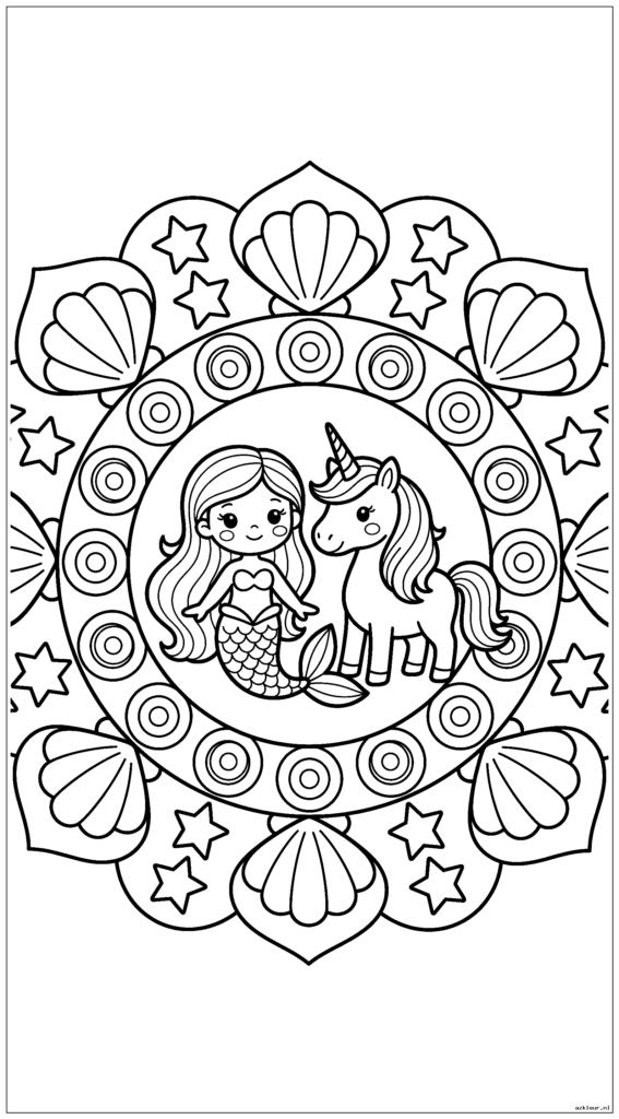 Een eenvoudig mandala-ontwerp met een schattige zeemeermin en een eenhoorn in het midden