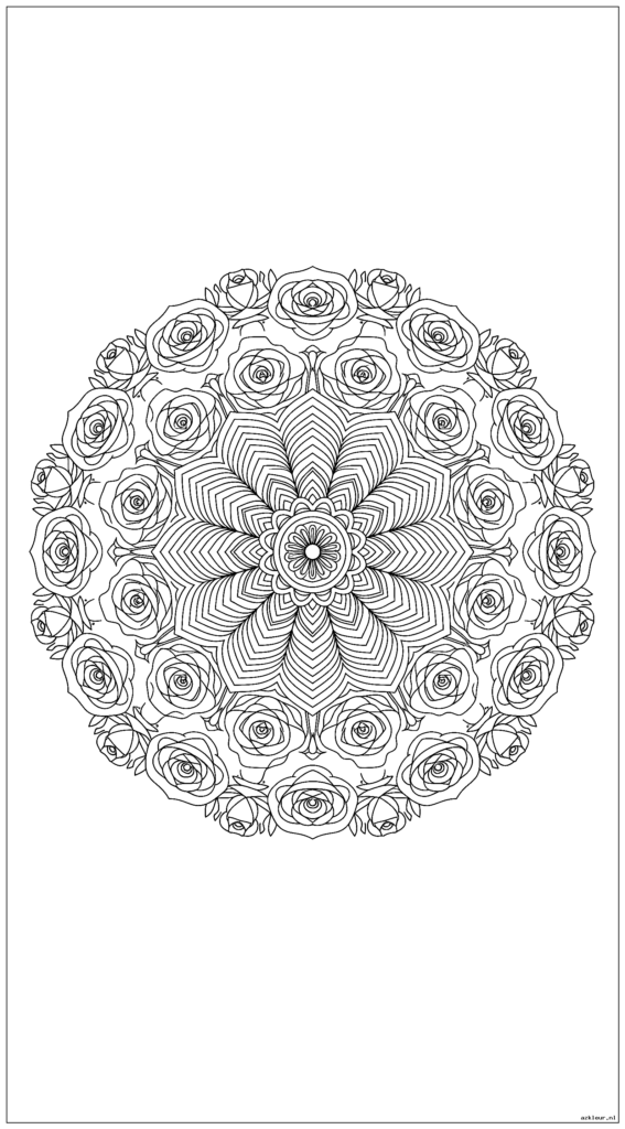 Een geometrische mandala waarbij regenboogpatronen veranderen in bloeiende rozenpatronen