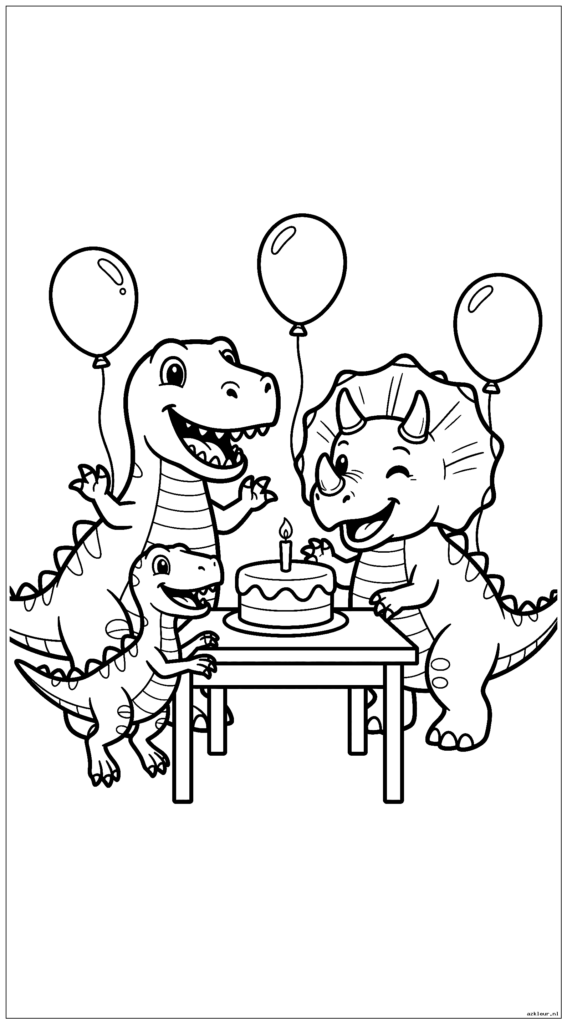 Een groep schattige dinosaurussen die een verjaardagsfeestje vieren met eenvoudige ballonnen en een taart op een tafel
