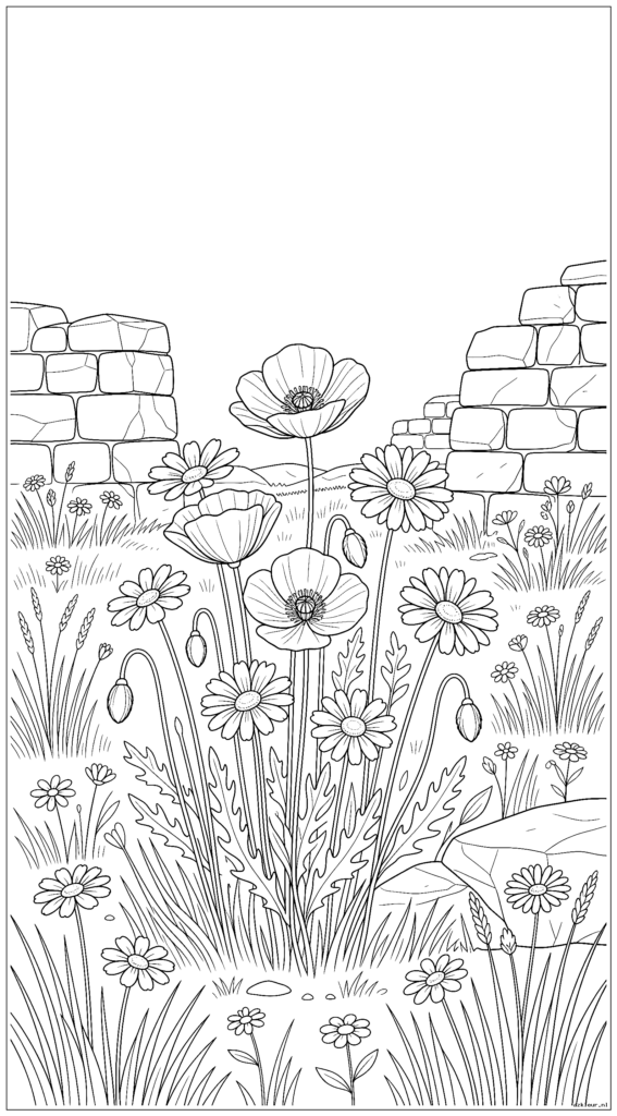 Een groep wilde klaprozen en madeliefjes groeit tussen eeuwenoude stenen muren in een weiland