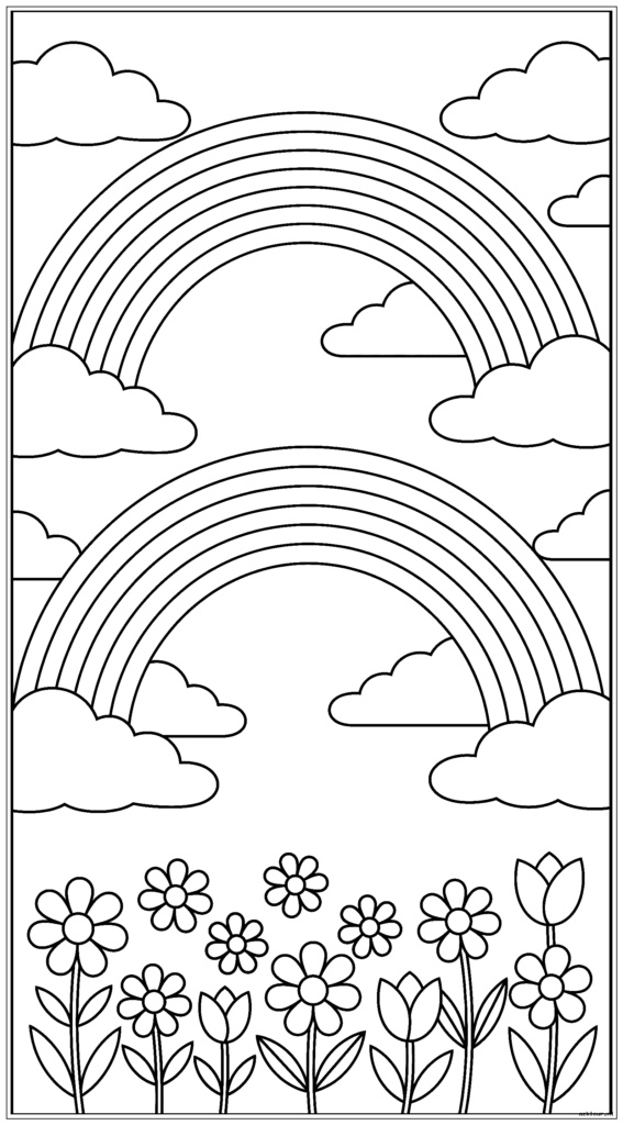 Een groot verticaal tafereel met twee grote regenbogen op elkaar gestapeld in de lucht