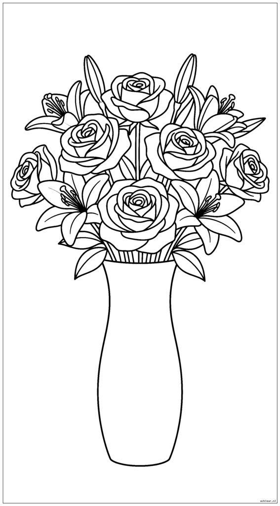 Een hoge vaas met symmetrisch gerangschikte rozen en lelies