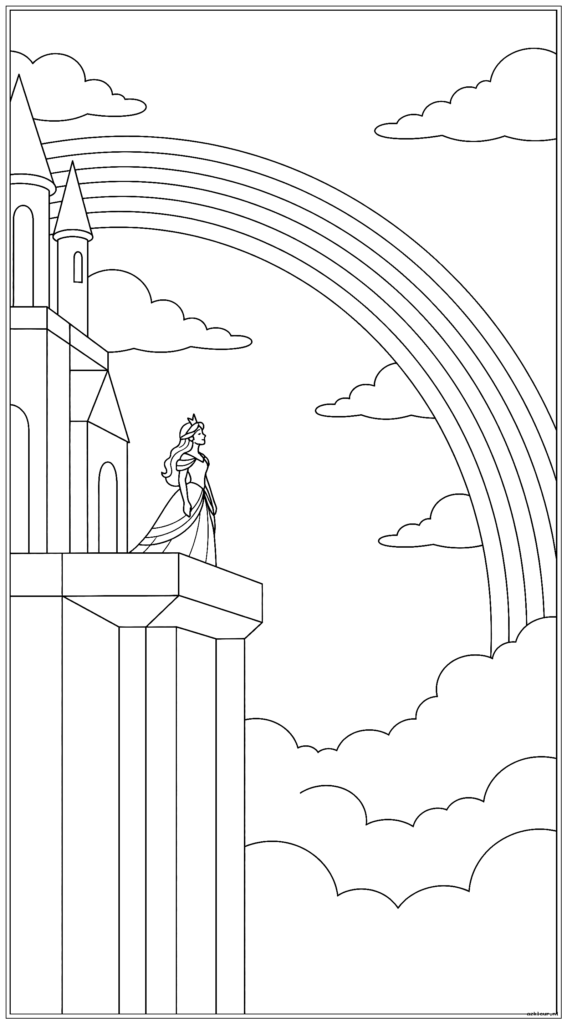 Een hoge verticale compositie met een prinses op een balkon van een regenboogkasteel