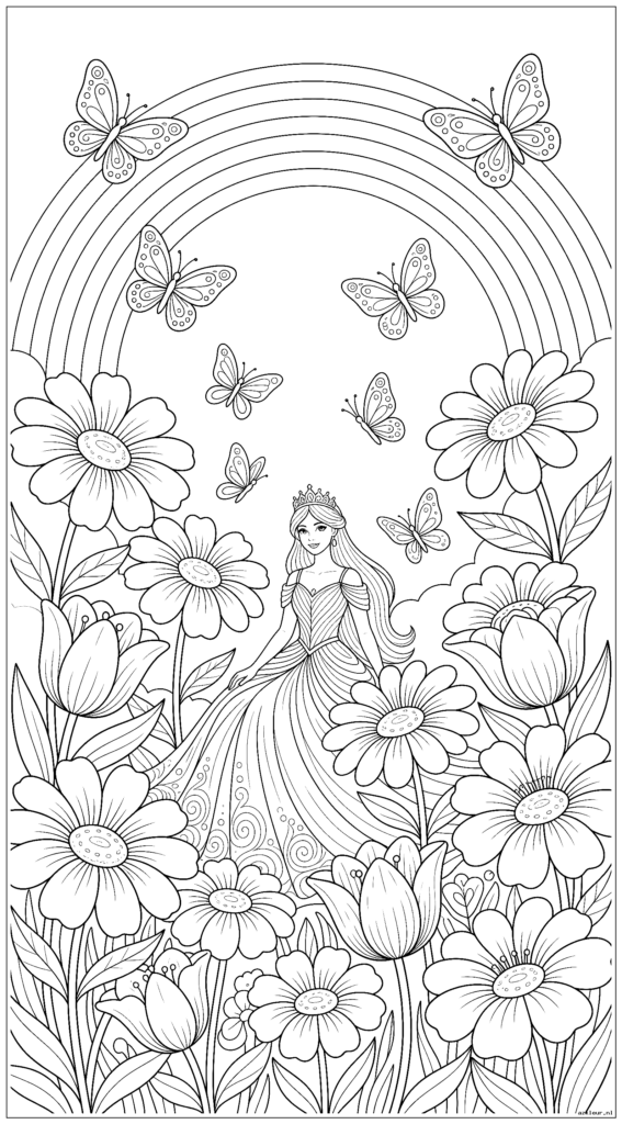 Een hoog verticaal tafereel met een prinses die tussen extra grote bloemen zit