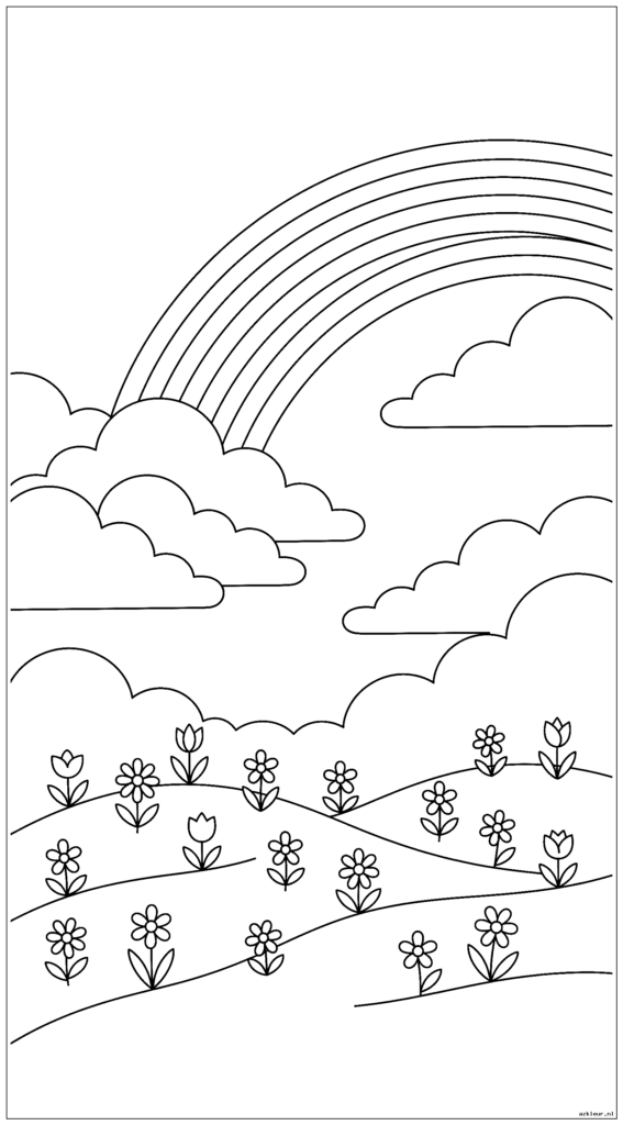Een hoog verticaal tafereel met een regenboog die achter gelaagde wolken in het bovenste gedeelte tevoorschijn komt