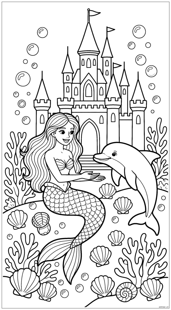 Een mooie zeemeermin zit vlakbij een onderwaterkasteel