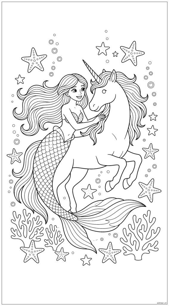Een prachtige zeemeermin die naast een magische zee-eenhoorn met hoorn zwemt