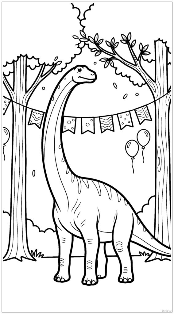 Een realistische dinosaurus met lange nek die naar bladeren reikt, terwijl eenvoudige feestbanners tussen twee bomen hangen
