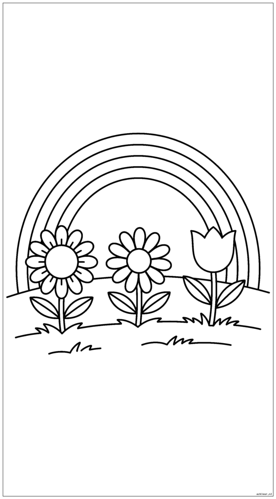 Een regenboog boven een met gras begroeide heuvel met drie grote bloemen (zonnebloem