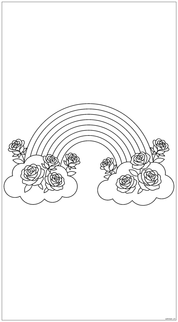 Een regenboog die een brug vormt tussen twee pluizige wolken, waarbij uit elke wolk rozen groeien