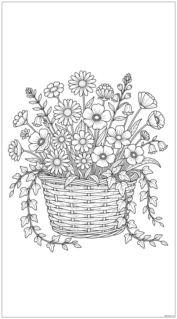 Een rustieke mand gevuld met wilde bloemen en hangende klimop