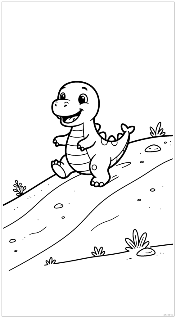 Een schattige cartoondinosaurus die van een zachte zandheuvel naar beneden glijdt