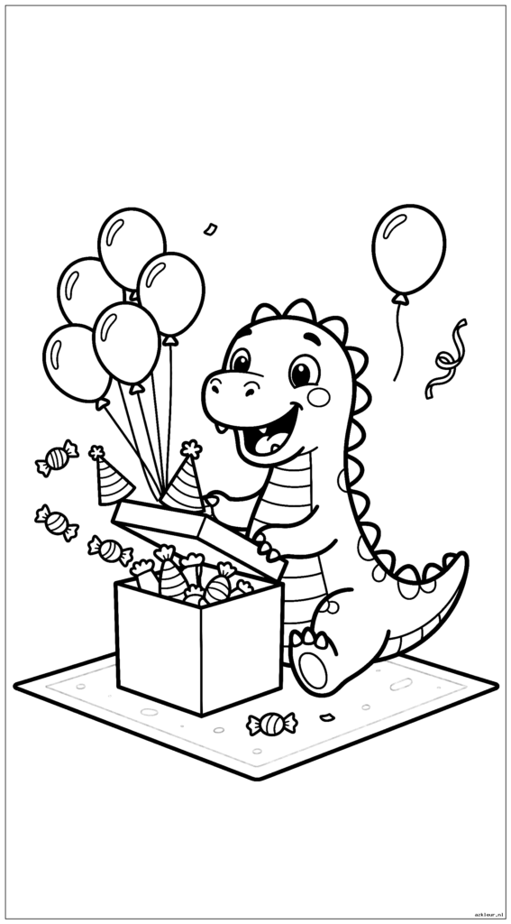 Een schattige dinosaurus die een geschenkdoos opent met daarin verrassingsitems