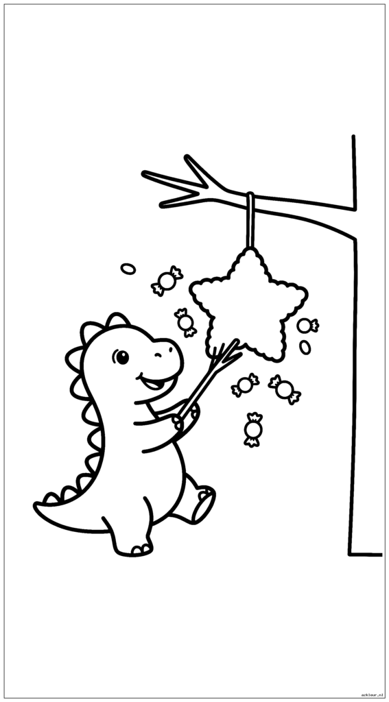Een schattige dinosaurus die een piñata raakt die aan een eenvoudige boomtak hangt