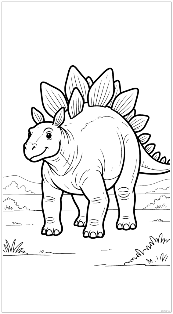 Een stegosaurus die op een vlakke prehistorische vlakte staat met een paar eenvoudige struiken en verre heuvels