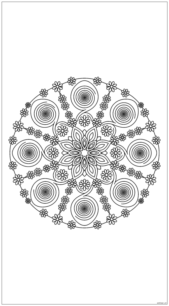 Een symmetrische mandala met acht regenboogspiralen die met elkaar verbonden zijn door madeliefjeskettingen