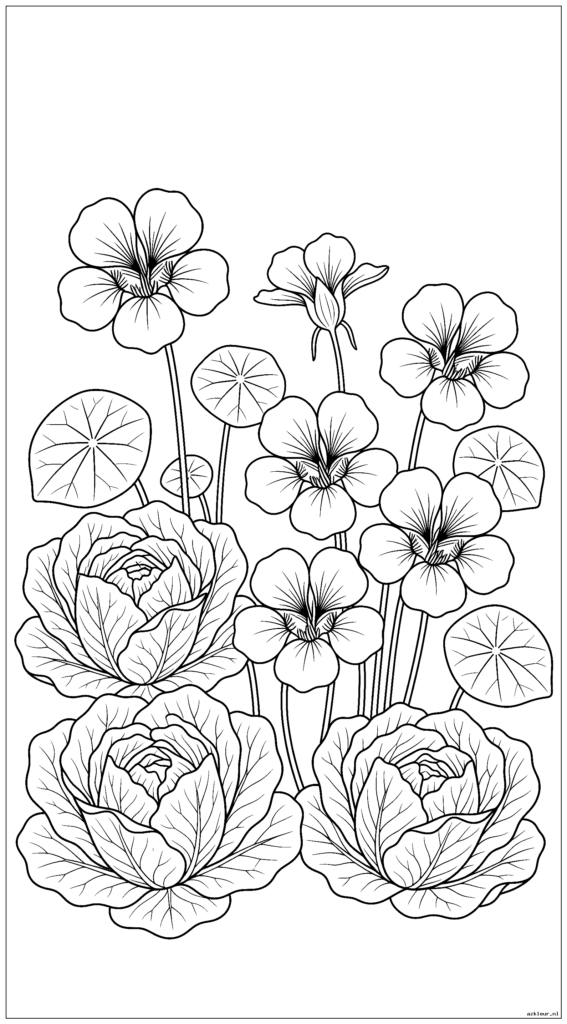 Een tuinperk met bloeiende Oost-Indische kers tussen slakoppen