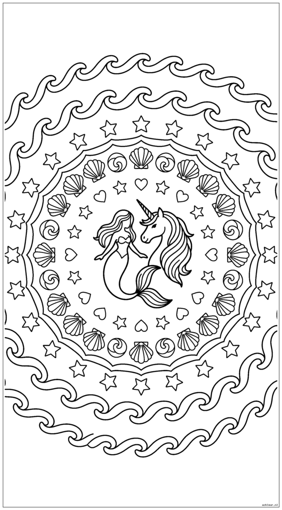 Een uitgebalanceerde mandala met een zeemeermin en eenhoorn in het midden