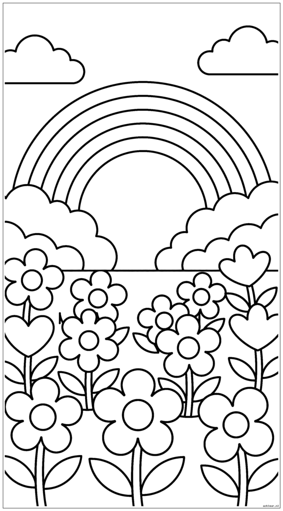 Een verticale compositie met bovenaan een grote regenboog