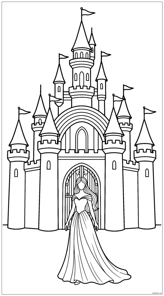 Een verticale scène van 9:16 met een groot regenboogkasteel op de achtergrond