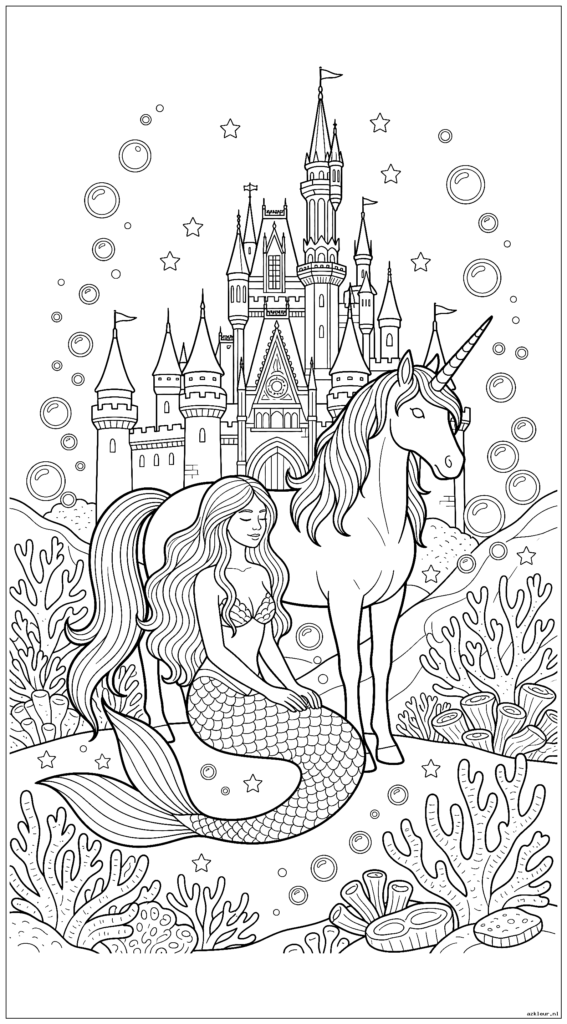 Een zeemeermin die naast een magische eenhoorn zit voor een onderwaterfantasiekasteel