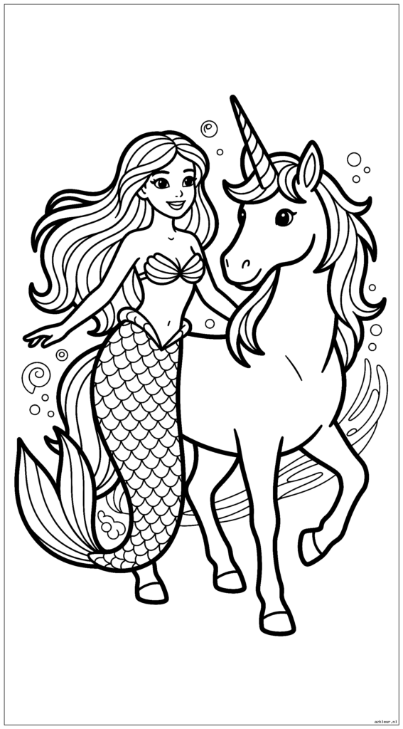 Een zeemeermin en een vriendelijke eenhoorn staan ​​samen in een speelse pose