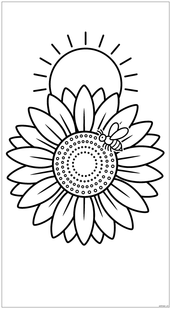 Een zonnebloem die naar de ochtendzon kijkt en een kleine bij die vlakbij zweeft