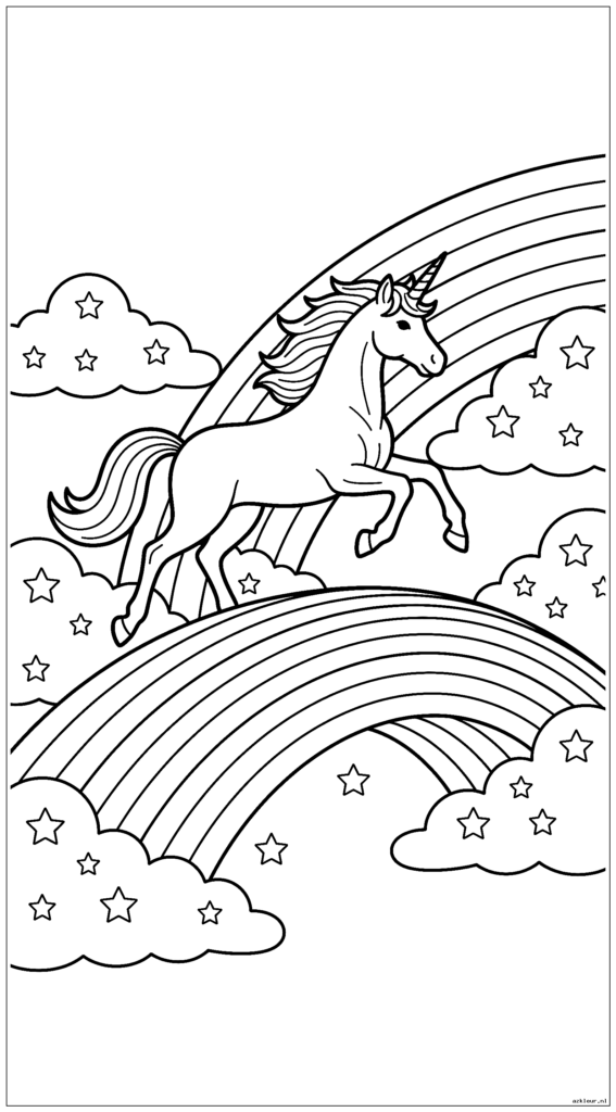 Eenhoorn springt door met sterren versierde wolken over een betoverde regenboogbrug