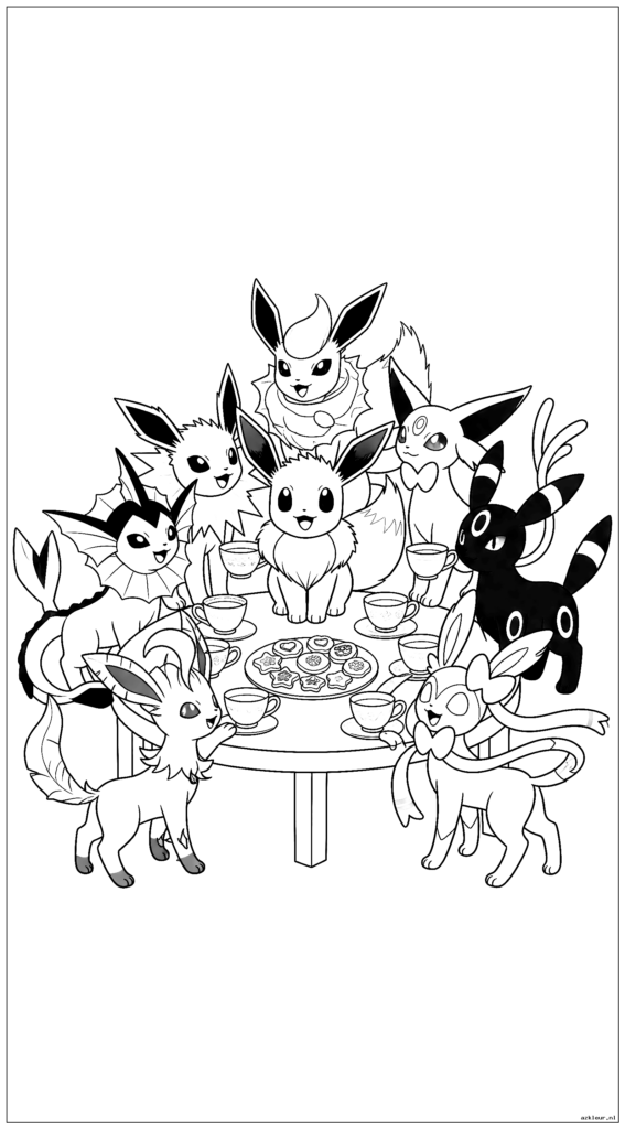 Eevee en alle eeveelutions houden een vrolijk theekransje met kleine theekopjes en koekjes