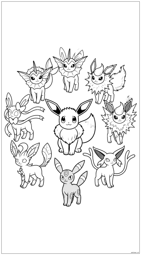 Eevee omringd door al zijn mogelijke evoluties in een cirkelvormige opstelling